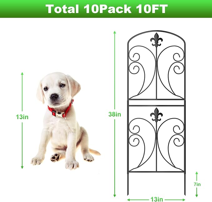 Skcoipsra Decorative Garden Fence 10 Pack, 37.5in(H) x 10.8ft(L) Animal Barrier Fence, Rustproof Metal Fencing for Yard, Dog Rabbits Wire Section Garden Edging Border for Yard Patio Garden, Arched