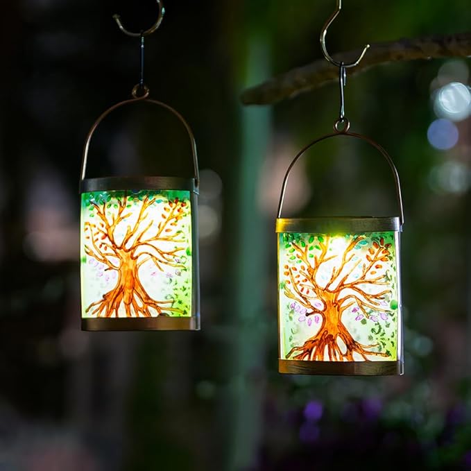 2 Pack Tree of Life Solar Lanterns Outdoor Waterproof, Hanging LED Solar Lantern for Tabletop Garden Yard Patio Decoration
