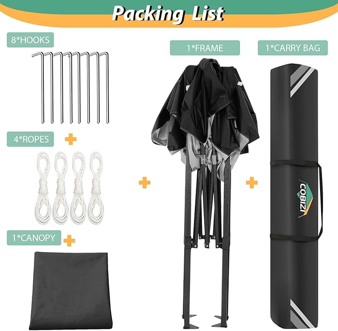 COBIZI 6.6x6.6ft Pop Up Canopy Tent, Heavy Duty Canopy Easy Set up All Weather Waterproof Outdoor Canopy Tent for Parties, Beach, Garden, Camping with 1 Handbag, 3 Adjustable Heights, UPF50+, Black