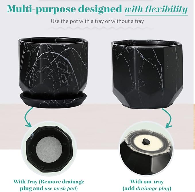 Large Marble Black Plant Pot with Drainage Holes and Saucers, Ceramic Pots for Indoor Outdoor Plants, 7 Inch Premium Hand Glazed Planters for Flower, Garden, Succulent, Nursery, Home Decor