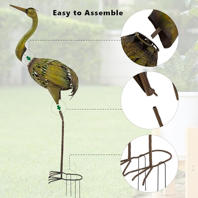 VEWOGARDEN Heron Outdoor Statues Metal Crane Garden Sculptures & Statues for Yard Lawn Patio Pool Outside Decorations, Green