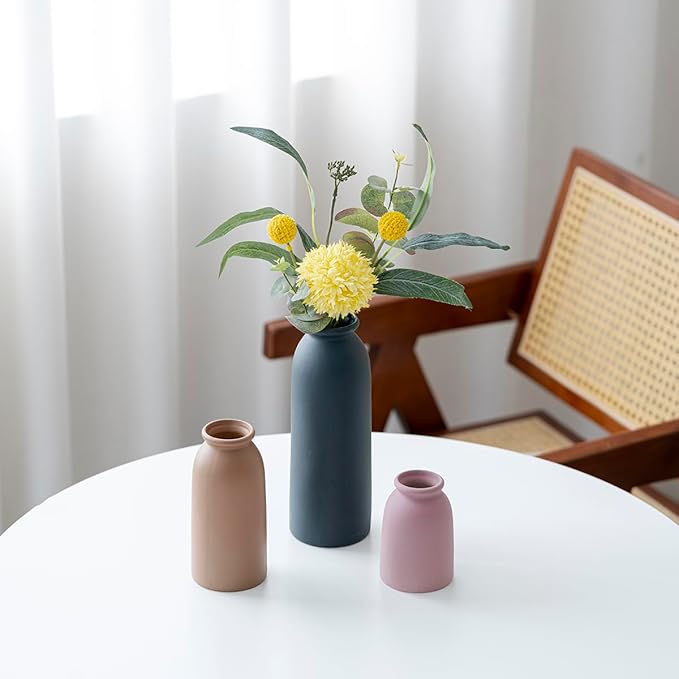 Ceramic Vase Set-3, Small Flower Vases for Decor, Modern Boho Farmhouse Style, Decorative Vases for Pampas Grass & Dried Flowers, Distressed Finish (Light Coffee)