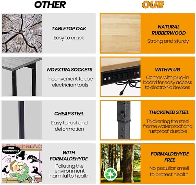 48" Adjustable Work Bench, Rubber Wood Top Workbench Heavy-Duty Work Table with Power Outlet, 2000 LBS Load Capacity Hardwood Work Benches for Garage, Workshop, Home, Office, Easy Assembly