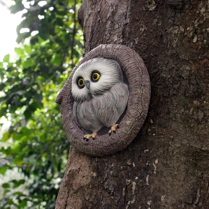 Baby Owl Resin Tree Face, Owlet Tree Hugger, Outdoor Sculpture for Tree Decorations, Whimsical Owl Garden Ornament, Tree Statue Peeker, Patio Yard Lawn Porch Decor, Durable & Waterproof Garden Present
