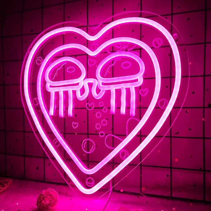 Jellyfish Neon Sign Ocean World Porthole Neon Lights Cartoon Sea World Led Neon Night Light Pink Heart Neon Sign for Wall Decor Bedroom Birthday Gifts for Kids USB Powered,Size13.5 * 12.5inch(JWD027)
