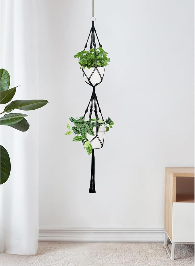 Belit 2 Pack Double Macrame Plant Hangers 2 Tier Hanging Planter Basket Decorative Flower Pot Holder Rope for Indoor Outdoor Home Decor 51 Inch, Black