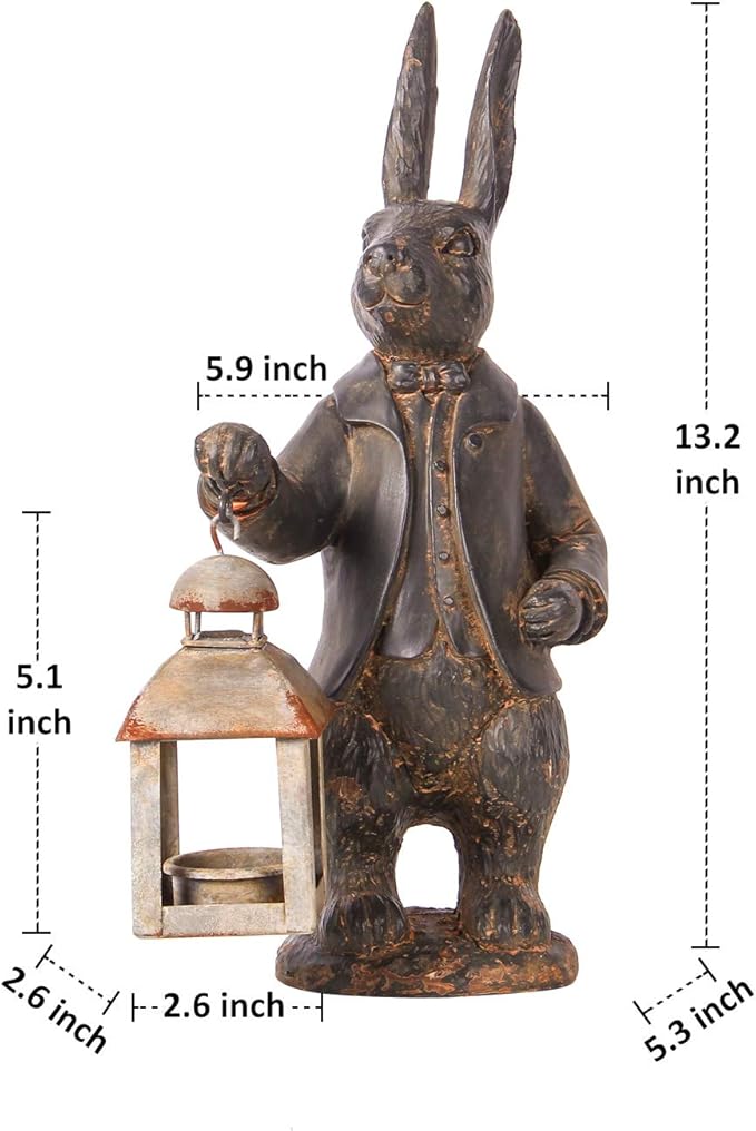 NIKKY HOME Easter Bunny Decorations, Vintage Resin Bunny Figurine with Lantern, Metal Rabbit Tealight Candle Lantern Holder Rabbit Outdoor Statues Gift for Garden Home