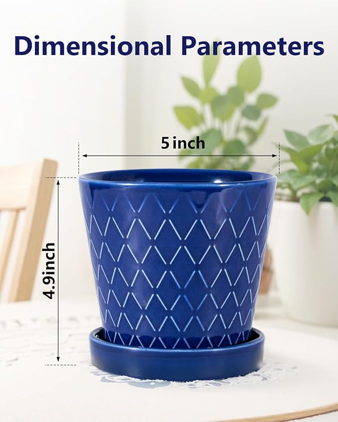 EFISPSS Ceramic Plant Pots, 5Inch Pots for Indoor Plants, Planters with Drainage Holes and Ceramic Tray,Plant Lover Gift, Desktop Office Windowsill Decoration Gift Set of 4 - Blue