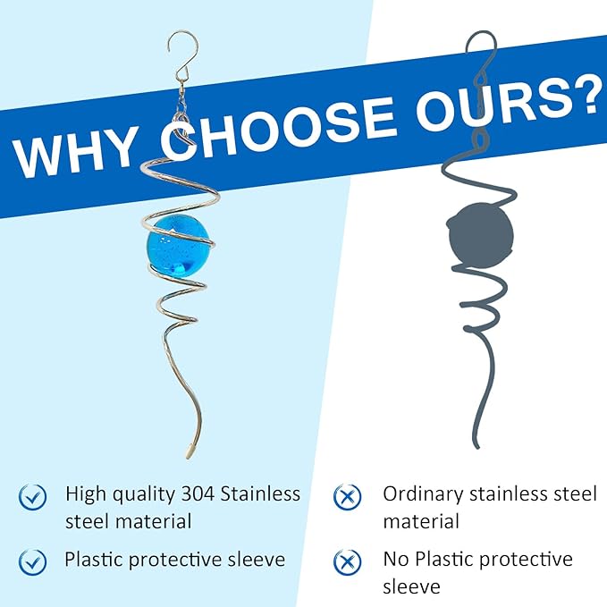 Gazing Ball Spiral Tail Wind Spinner,Decorative Wind Spinner 11inch Tail and 2 inch Glass Orb. Indoor Outdoor Wind Spinner Tail Sun Catcher Garden Decoration-13 inch Height(Blue)