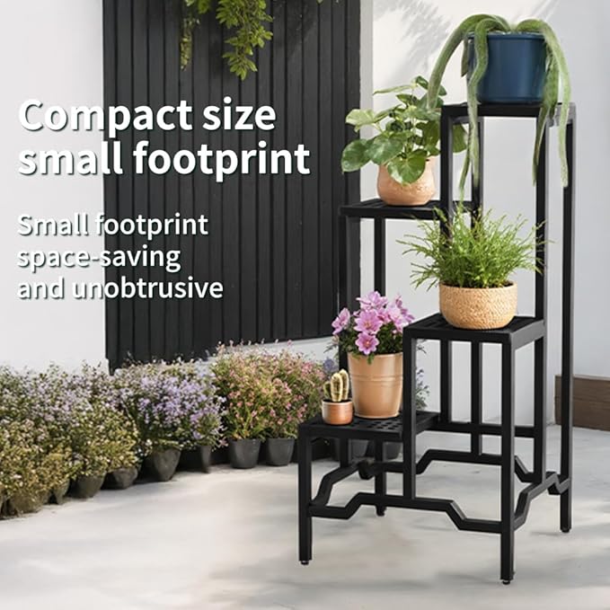 Plant Stand - Aluminum Indoor/Outdoor Flower Rack, Waterproof & Rust-Proof, Stable Support for Pots, Perfect for Living Room, Balcony, Garden, and Office (Black, 4 Tier)
