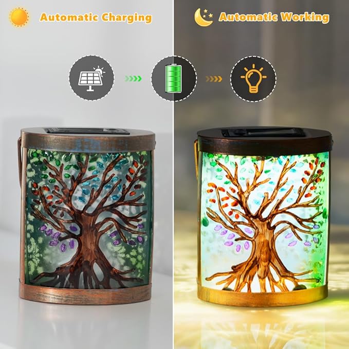 2 Pack Tree of Life Solar Lanterns Outdoor Waterproof, Hanging LED Solar Lantern for Tabletop Garden Yard Patio Decoration
