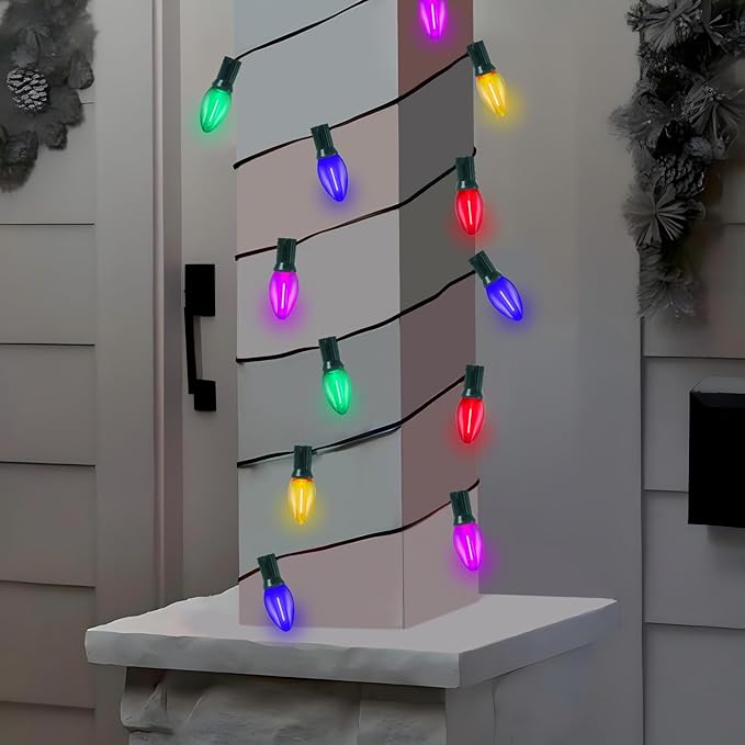 C7 LED Multicolor Christmas String Lights, 25FT with 27 Clear Bulbs, Hanging Outdoor Christmas Decorations for Tree, Patio, Garden, Yard