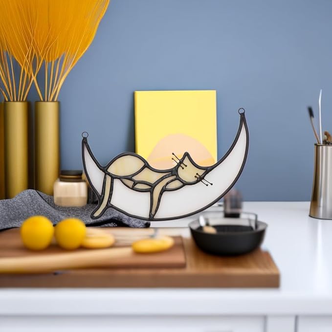 Yellow Cat Decor On Blue Moon Stained Glass for Window, Crystals Suncatchers for Window Ball Prism Rainbow Maker Chain Easy Hanging 2 Balls and 1White Gift Boxes for Cat Lovers Halloween Decor