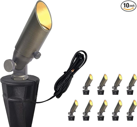 COLOER Mini Size Die-cast Brass Landscape SpotLights Outdoor, 12Volt AC/DC Low Voltage Garden Driveway Lights,IP65 Waterproof Outdoor Yard Lighting(104B, Bronze, 10-Pack Without Bulb)