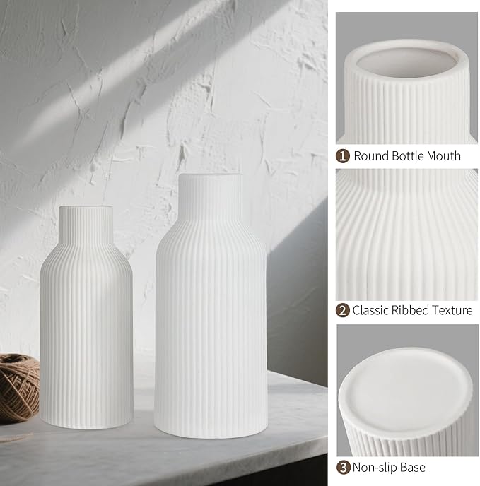 Ceramic Vase Set of 3, White Vase for Modern Home Decor, Decorative Vases for Bouquet Pampas Grass Dried Flowers, Living Room, Bedroom, Bathroom, Shelf Centerpiece Table Decorations