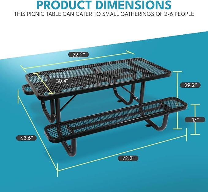 6 ft. Rectangular Outdoor Steel Picnic Table with Umbrella Pole, Heavy-Duty Weather-Resistant Dining Table for Patio, Backyard, and Garden, Rust-Resistant Finish, Black