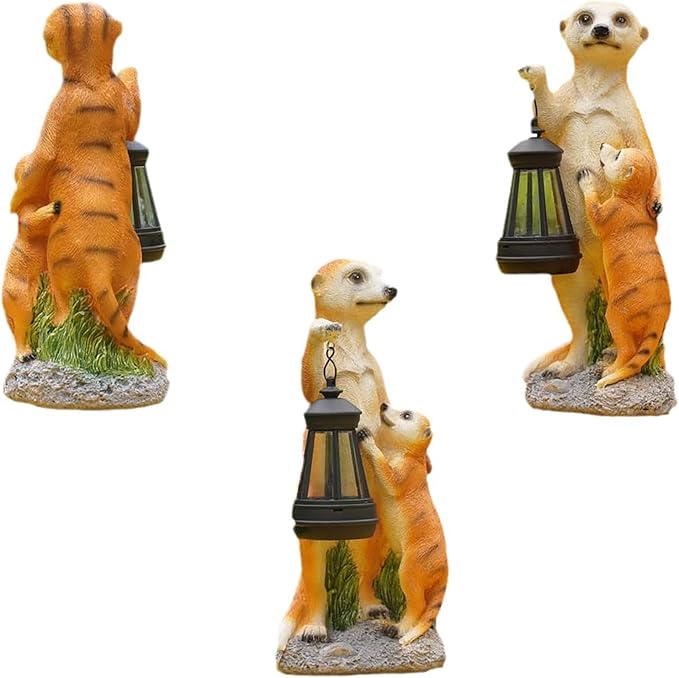 Solar Outdoor Garden Statues Lights ,Resin Meerkat Figurine with Solar Lantern Outdoor Decor for Yard Decoration Lawn Patio Balcony Ornament, Mom Gifts Birthday Gifts for Women