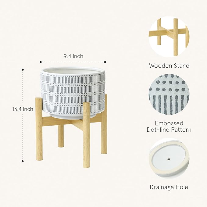 LA JOLIE MUSE Ceramic Plant Pot with Wood Stand - 9.4 Inch Modern Round Decorative Flower Pot Indoor with Wood Planter Holder, Slate Blue and White