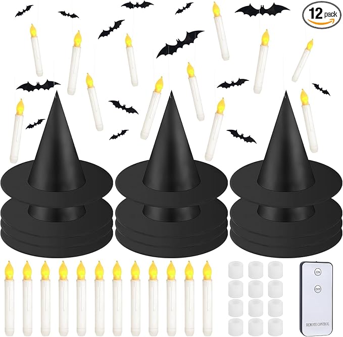 80 Pcs Halloween Hanging Witch Hats and Taper Floating Candles Set Includes 12 Witch Hats 12 LED Floating Candles Lights 56 3D Bats Wall Stickers for Halloween Decoration Front Porch Yard Decor
