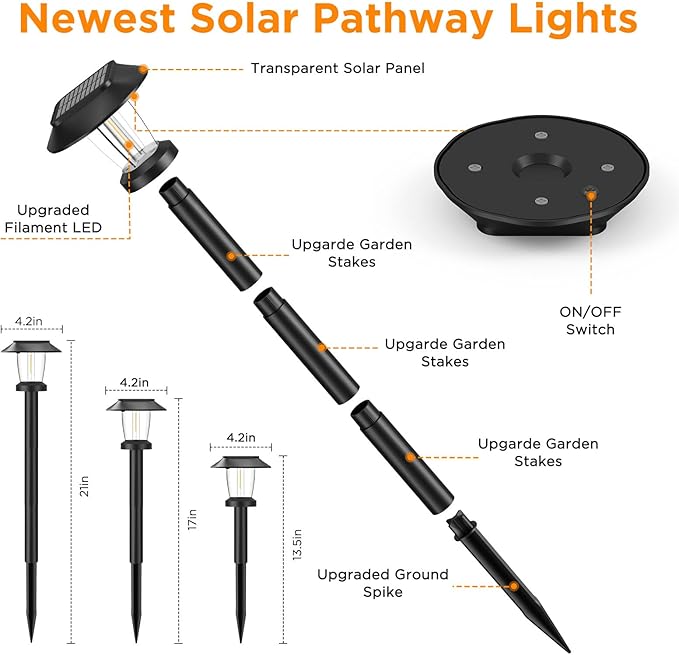 Solar Pathway Lights Outdoor - 6 Pack Solar Powered Garden Lights Waterproof, Decor Landscape Lighting with Three Lighting Modes for Yard, Lawn, Walkway, Driveway, Warm White