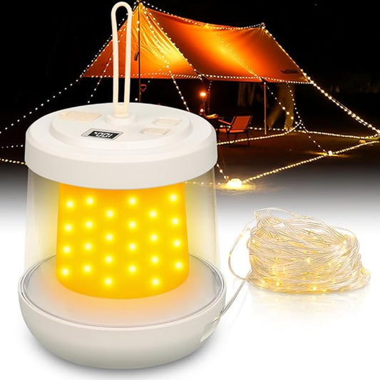 UniqueFire Portable 2 in 1 Camping Lantern，Camping String Lights Outdoor，Rechargeable LED Tent Lantern with Warm String Lights for Camping, Party, Garden and Yard Outdoor Decoration