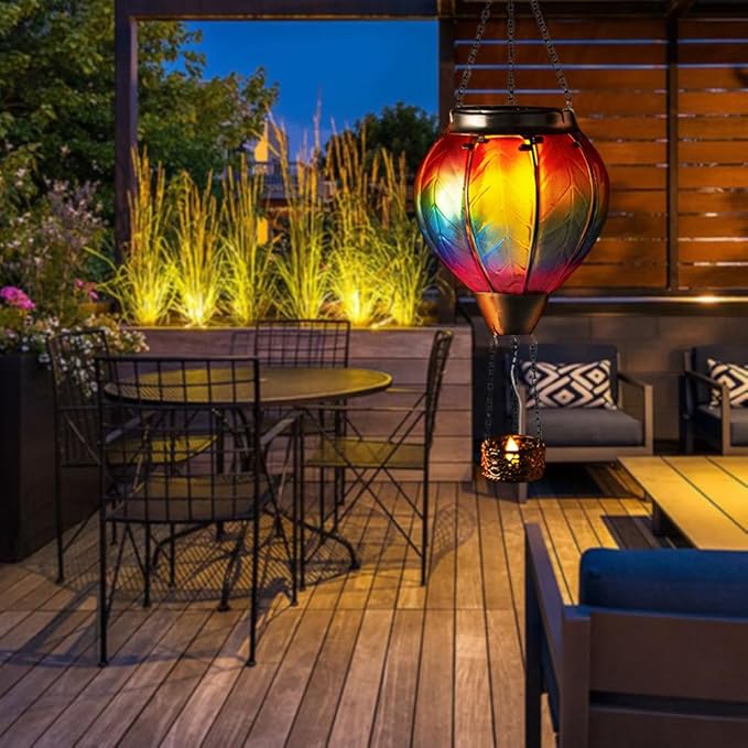 Starsoul Hot Air Balloon Solar Lantern with Candle Holder Solar Hot Air Balloon Flickering Flame Hanging Garden Light Waterproof Glass Hot Air Balloon Solar Lamp Decorative for Lawn Porch Tree Yard