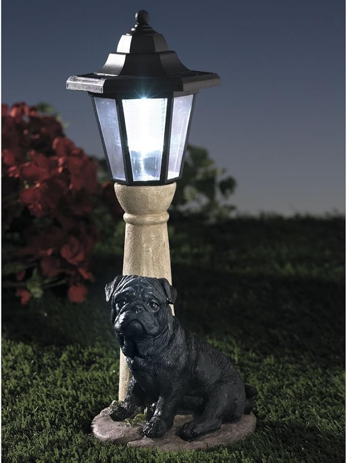 Bits and Pieces - Solar Dog Lantern-Solar Powered Garden Lantern - Resin Dog Sculpture with LED Light (Black Pug)