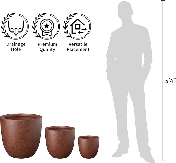 Kante 18 Inch Dia Round Concrete Planter, Indoor Outdoor Large Plant Pot with Drainage Hole and Rubber Plug for Home Patio Garden, Rusty