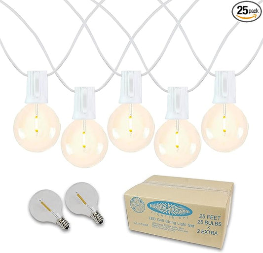 Novelty Lights 25 Feet G40 LED Patio String Lights with 25 Bulbs, Warm White, Weather Resistant and Shatterproof Replaceable Plastic Globe Bulbs, White Wire