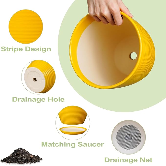 Ceramic Plant Pot - 8 Inch Planter Pot with Drainage Hole and Saucer Round Planter for Indoor Outdoor Plants Flower Pot for Home Patio Garden Office Yellow