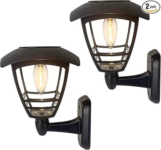 MAGGIFT 2 Pack Solar Powered Wall Lantern, Outdoor 10 Lumen LED Edison Bulb Solar Warm White Lights Wall Sconce with No Wiring Required,Fixture with Wall Mount Kit