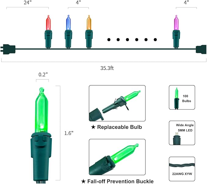 Multicolor Christmas LED Lights - 100 Count Multi-Colored Holiday String Lights for Tree, Party, Wedding, Indoor and Outdoor Use, 33 Feet Green Wire, UL Certified, Connectable