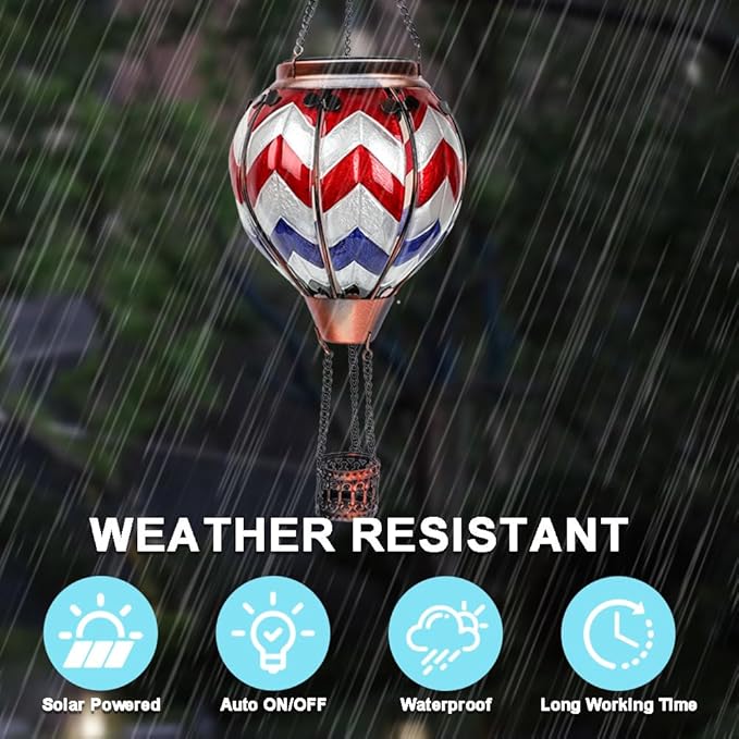 2PC Hot Air Balloon Solar Lantern with 2PC Shepherd Hook, Flickering Flame Hanging Solar Lanterns Outdoor Lights Waterproof Lanterns for Garden Patio Yard Party Decor (Wavy-Gray&Navy&Red)