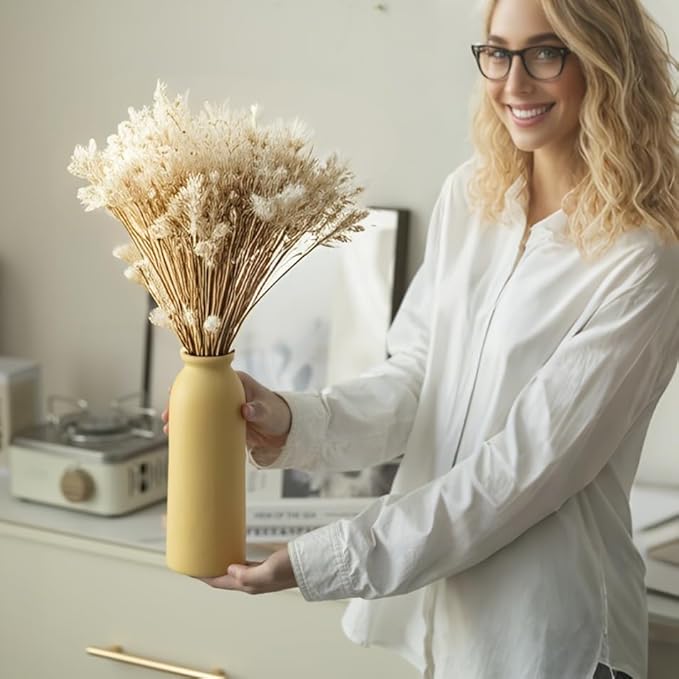 Ceramic Vase Set-3, Small Flower Vases for Decor, Modern Boho Farmhouse Style, Decorative Vases for Pampas Grass & Dried Flowers, Distressed Finish (Yellow)