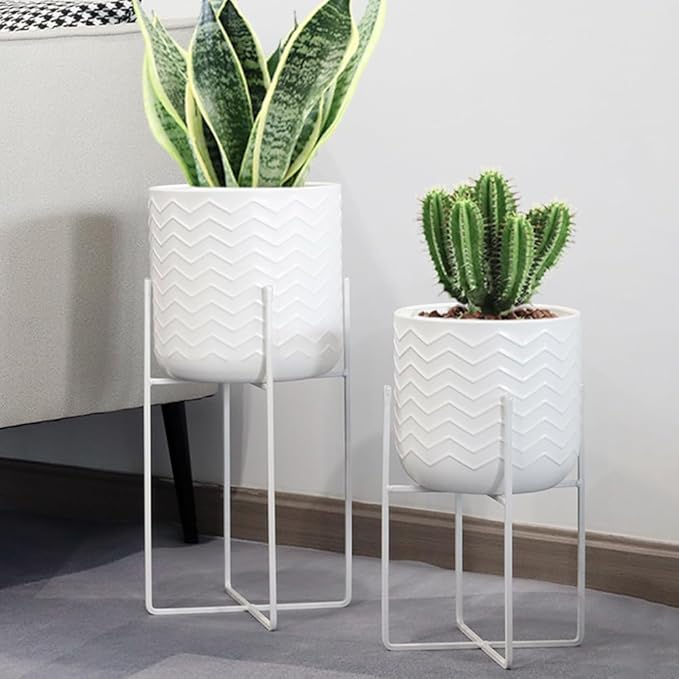 TRIROCKS Set of 2 Planters with Stand Indoor Outdoor Metal Plant Stand 18 &12" Tall Modern Planters Flower Pots for Living Room Corner Kitchen Office Garden Balcony Patio Decor(White)