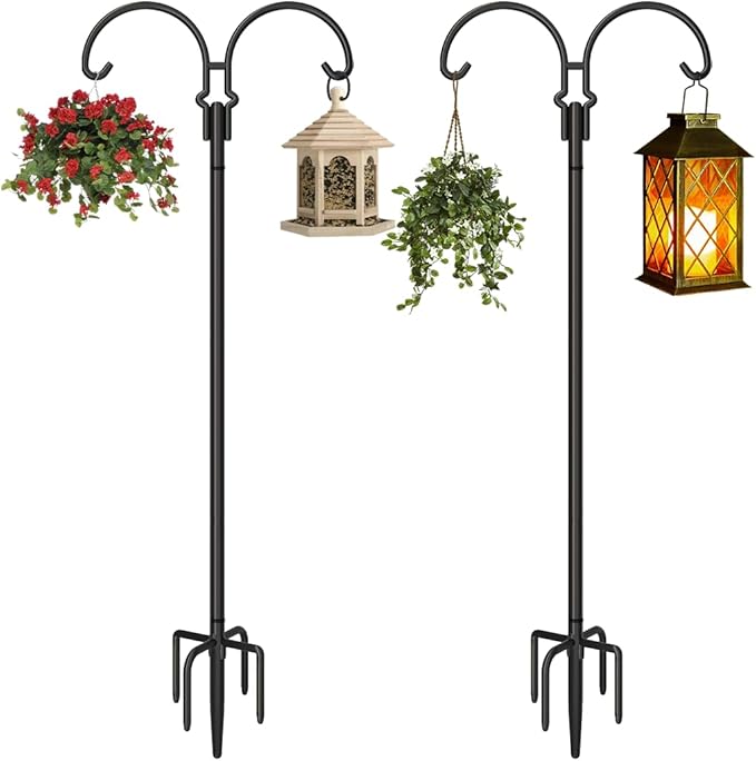 Outdoor Double Shepherds Hook with 5 Prong Base, 76 Inch Adjustable Heavy Duty Two Sided Bird Feeder Pole Stand for Hanging Plant Baskets, Solar Light Lanterns, Hummingbird Feeder, 2 Pack