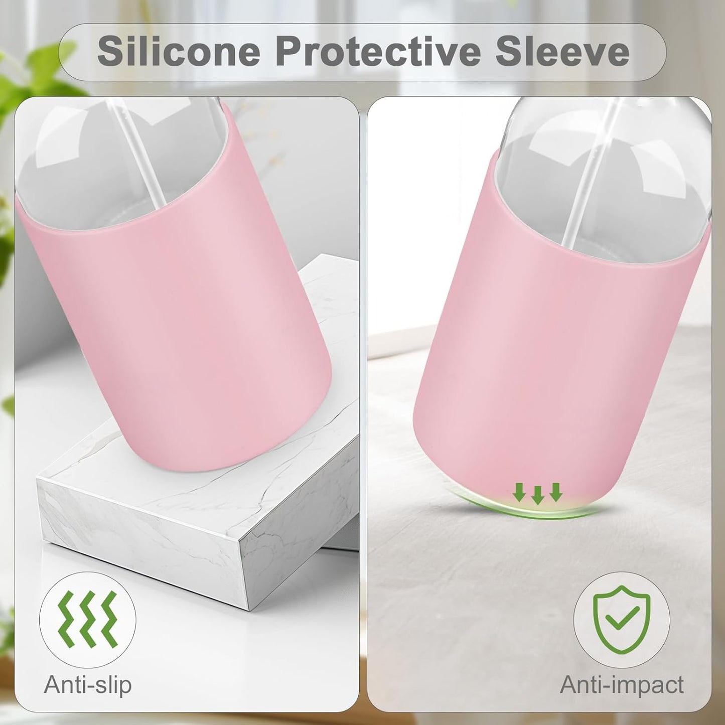 2 Pack Glass Spray Bottles with Long Silicone Sleeve, 16 oz Empty Refillable Containers with Adjustable Spray Nozzles, Spray Bottles for Hair, Cleaning Solutions and Plants Pink