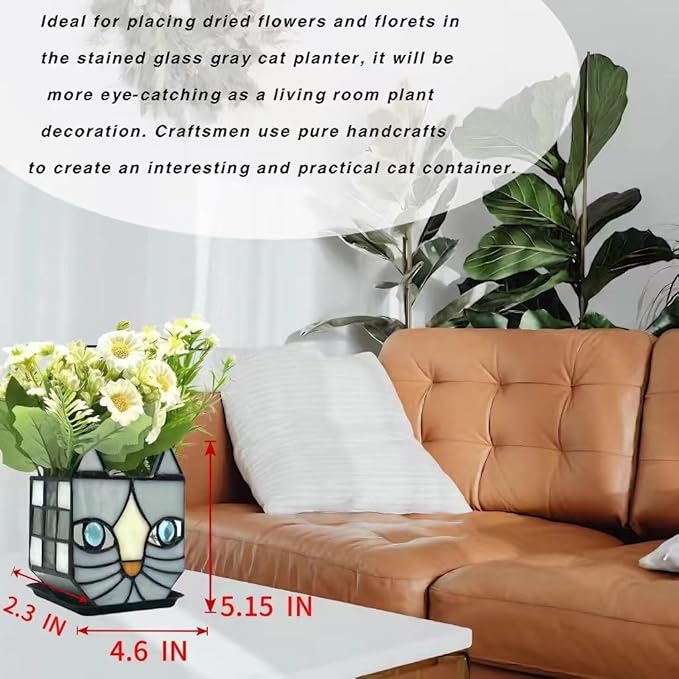 Gray Cat Glass Planter, Cat Plant Pots Indoor, Unique Small Gray Cat Planter, Glass Gap Automatic Drainage System and Base Saucer, Window Sill Cat Decoration Gift,4.6x5.15x2.3IN (Gray)