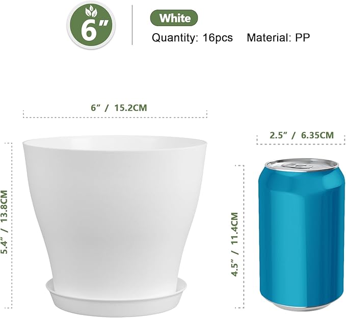 6 inch Plastic Nursery Pots, Seedling Pots, 16 Pack Plant Pots for Small Indoor Outdoor Plants, Flower Pots with Drainage Holes and Saucers, Decorative Planters for House Plants, White