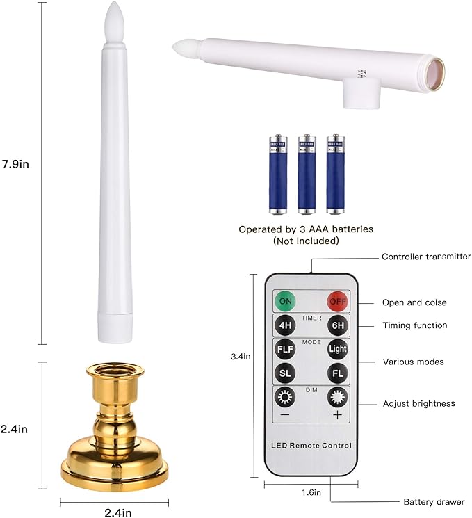 JOSU LED Window Candles, Christmas Flameless Window Candle Lights with Timer Battery Operated, 4 3D Wick Light Candle+4 Removable Gold Candleholders+Remote, for Decor &Festival Celebration