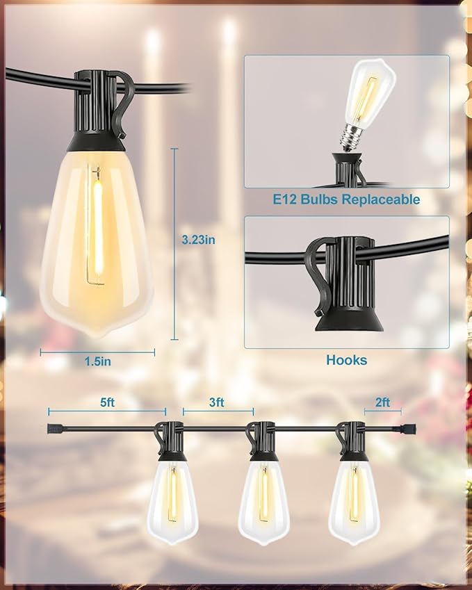 Lightdot 400FT Outdoor String Lights, LED Bistro String Lights with Shatterproof ST38 Vintage Bulbs, 2200K Dimmable, Waterproof Hanging Lights for Porch, Deck, Garden, Backyard, Balcony - ETL Listed