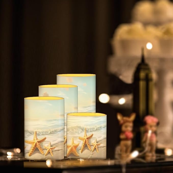Flameless LED Candle Electric Pillar Candle with Remote Timer Color Changing Control Long Lasting Pack of 4 for Tabletop Coastal Home Indoor Decoration, Beach Gold Starfish