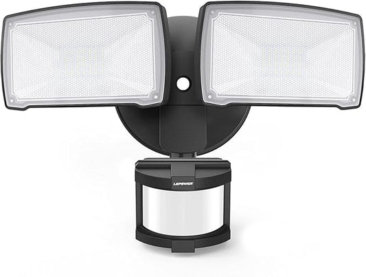 LEPOWER LED Security Lights Motion Sensor Light Outdoor, 30W 3200LM Motion Security Light, 5500K, IP65 Waterproof, 2 Head Motion Detector Flood Light for Garage, Yard, Porch, Black (Not Solar Powered)