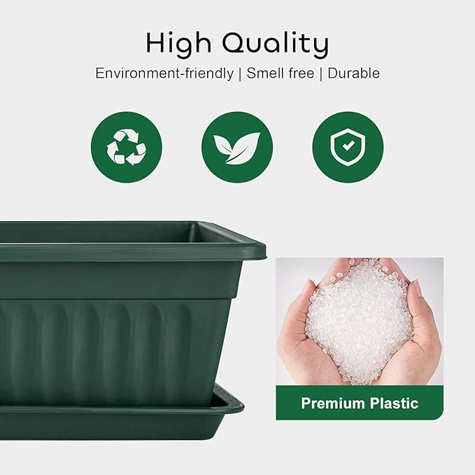 GROWNEER 3 Packs 17 Inches Green Flower Window Box Plastic Vegetable Planters Long Pots with 15 Pcs Plant Labels for Outdoor Indoor Windowsill Patio Garden Home Decor Porch