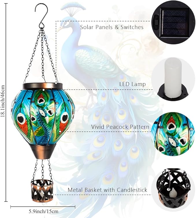 Peacock Hot Air Balloon Solar Lantern with Flickering Flame,Glass Hanging Solar Lanterns Outdoor Waterproof,Hot Air Balloon Decorative Lights for Patio Porch Yard Decor,Peacock Gifts for Women