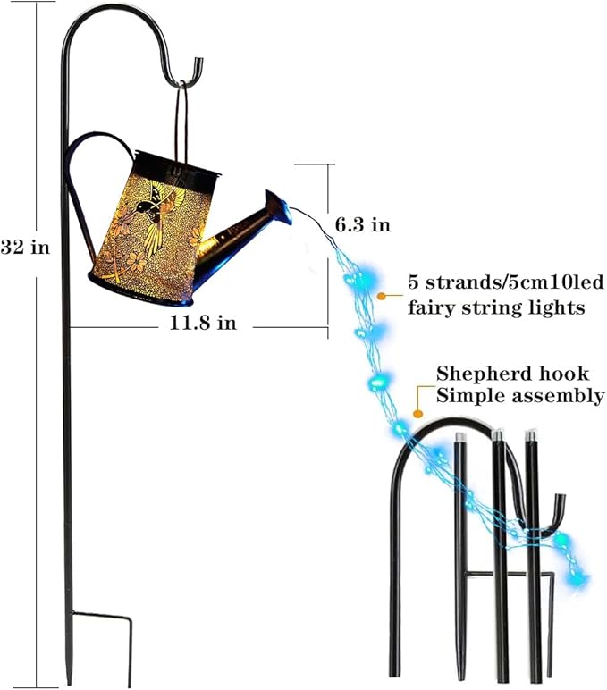 Morestar Solar Watering Can Garden Fairy Lights Outdoor Decor(Blue Lights),Decorative Solar Lights Waterproof Hanging Solar Lantern Hummingbird Gift for Mom Grandmom Birthday for Patio Yard Lawn Decor