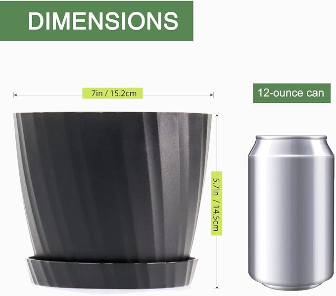 7 Inch Plant Pots Bulk, 6 Pack Plastic Planters with Drainage Holes and Saucers for Indoor Outdoor House Plants and Flowers, Black