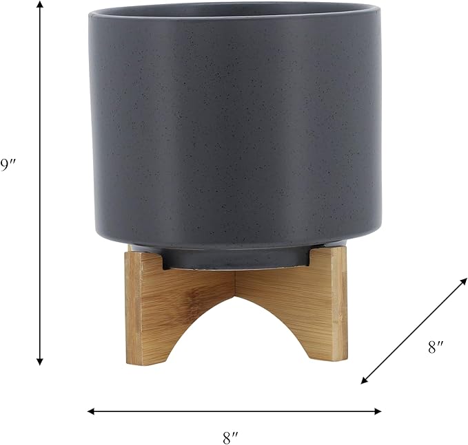 Sagebook Home 8" Ceramic Planter, Matte Gray Planter, Indoor/Outdoor Planter on Wooden Stand - Use for Succulent Pot, Plants, Flowers and More