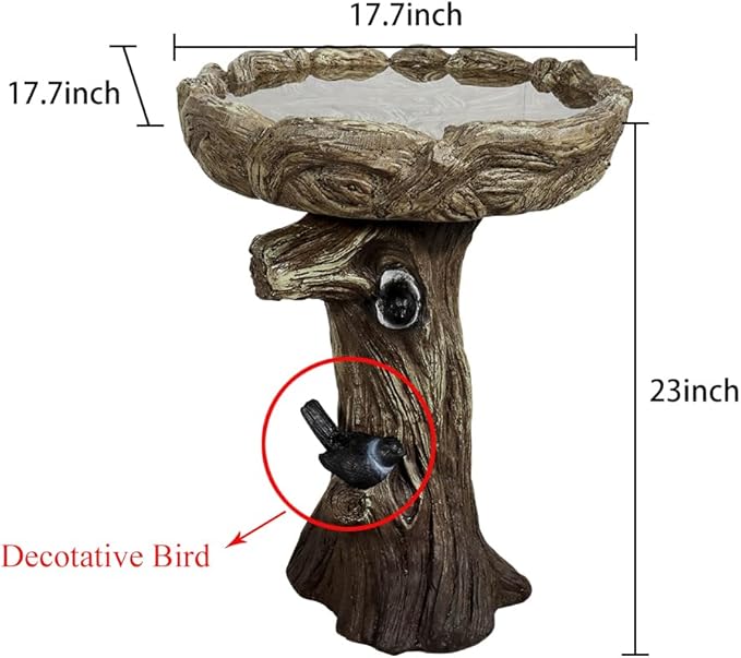 SunJet 23 Inch High Wood-Look Concrete Bird Bath with Decorative Faux Bird – Birdbath Rustic & Long-Lasting Design, Enhances Garden, Patio, Yard, Lawn Decor