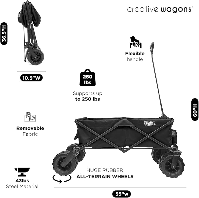 Creative Outdoor Wagon for Kids Push Pull Collapsible Stroller Giant All-Terrain Folding Cart | XXXL Monster Series Wagons | Beach Park Garden & Tailgate | Multiple Color Options (Black)